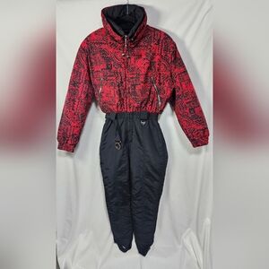 Vintage Fera Skiwear Snowsuit One Piece Red Black Print Insulated Women’s 8 Apre